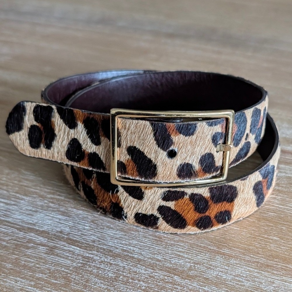 W. Kleinberg Womens Leopard Print Calf Hair Belt Gold Buckle Brown Size M